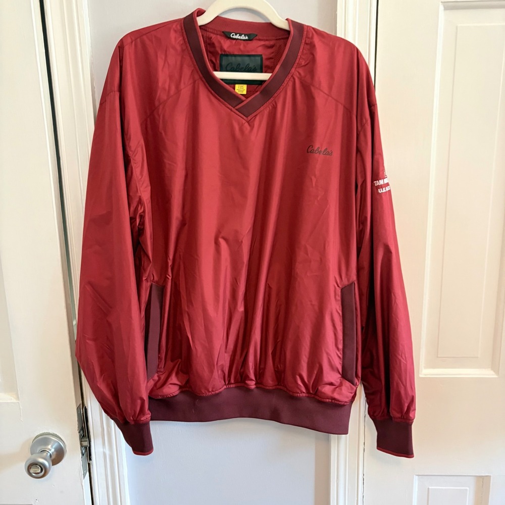 Cabelas Mens Large Windbreaker Pullover Maroon V-Neck Mesh Lined Branded Sleeve